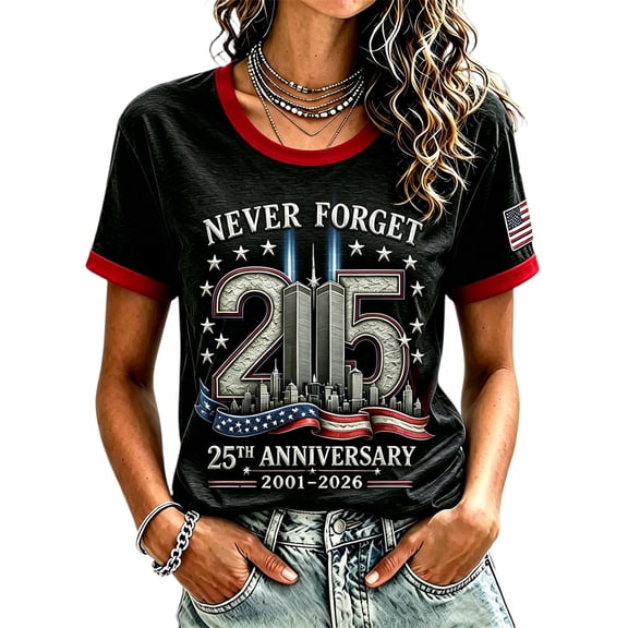 AHMOMEI Never Forget 911 25th Anniversary Tshirt Women Patriot Day Memorial T Shirts for Women American Flag Honor Faith 911 Tshirt