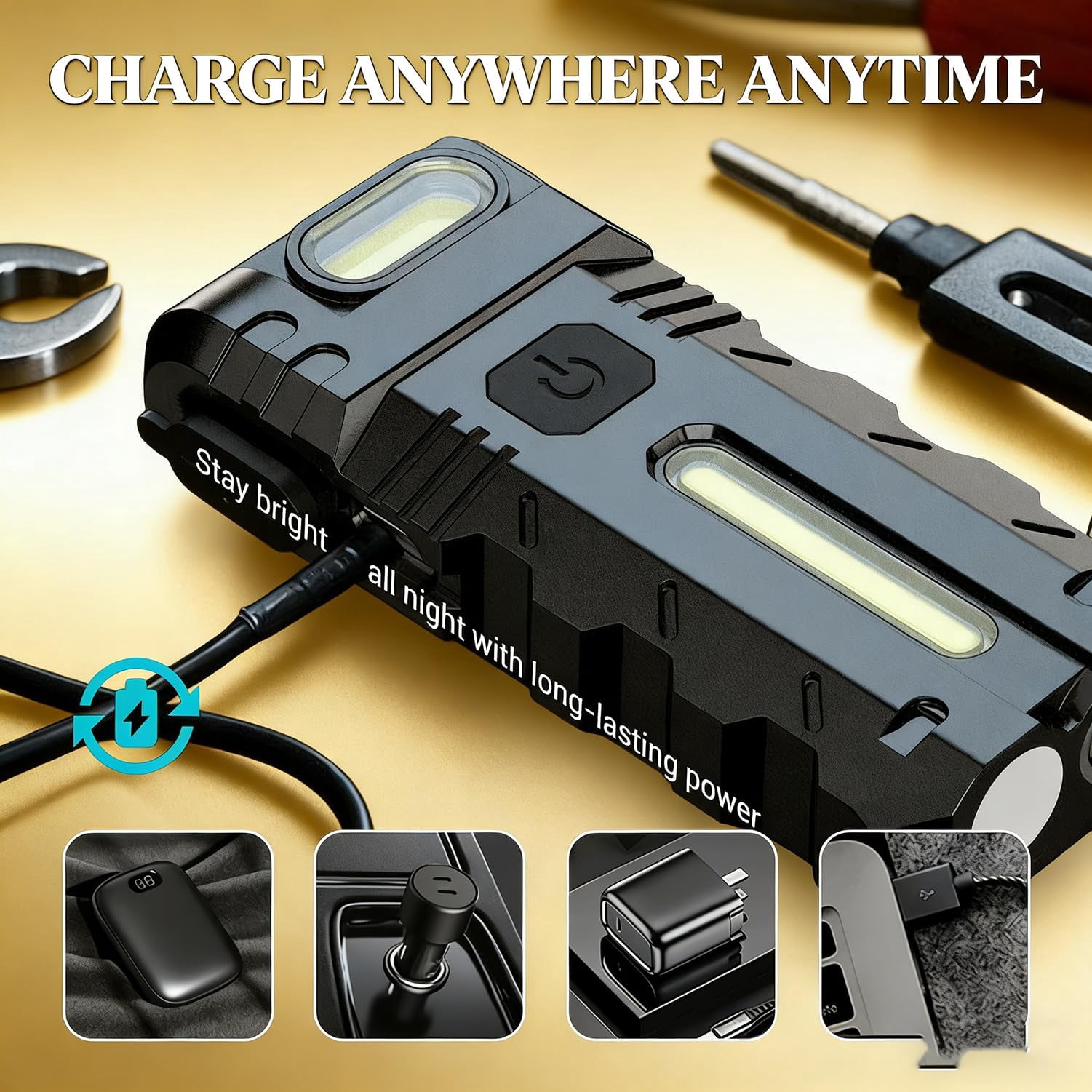 Chiclom Flashlight, 180° Rotating Head LED Work Light – Dual Beam, Magnetic Base & USB-C Rechargeable, Mini Keychain Light, Hands-Free Flashlight with Clip for Auto Repair, Mechanic, Camping