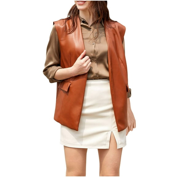 HTNBO Womens Leather Vest Casual Solid Color Loose Open Front Cardigan Jacket Trendy Versatile Sleeveless Coat