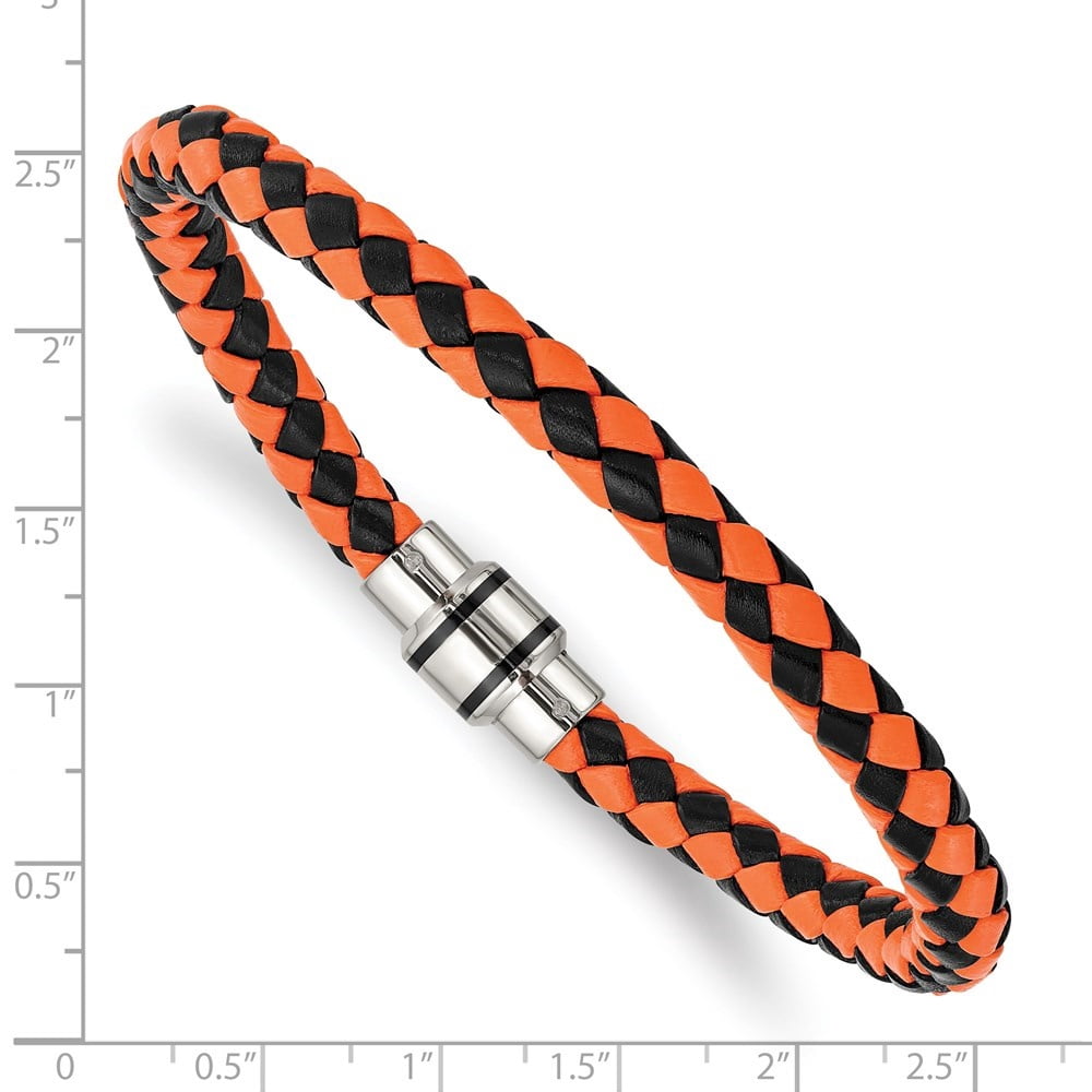 Diamond2Deal Stainless Steel Polished Black IP-Plated Black and Orange Braided Leather Bracelet for Men 9"