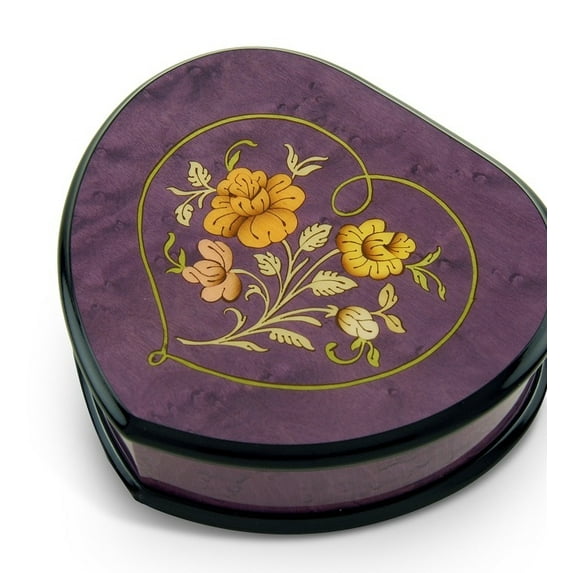Elegant Lavender/Purple Heart Shaped Music Jewelry Box with Floral in Heart Inlay - Hey Jude (The Beatles) - SWISS