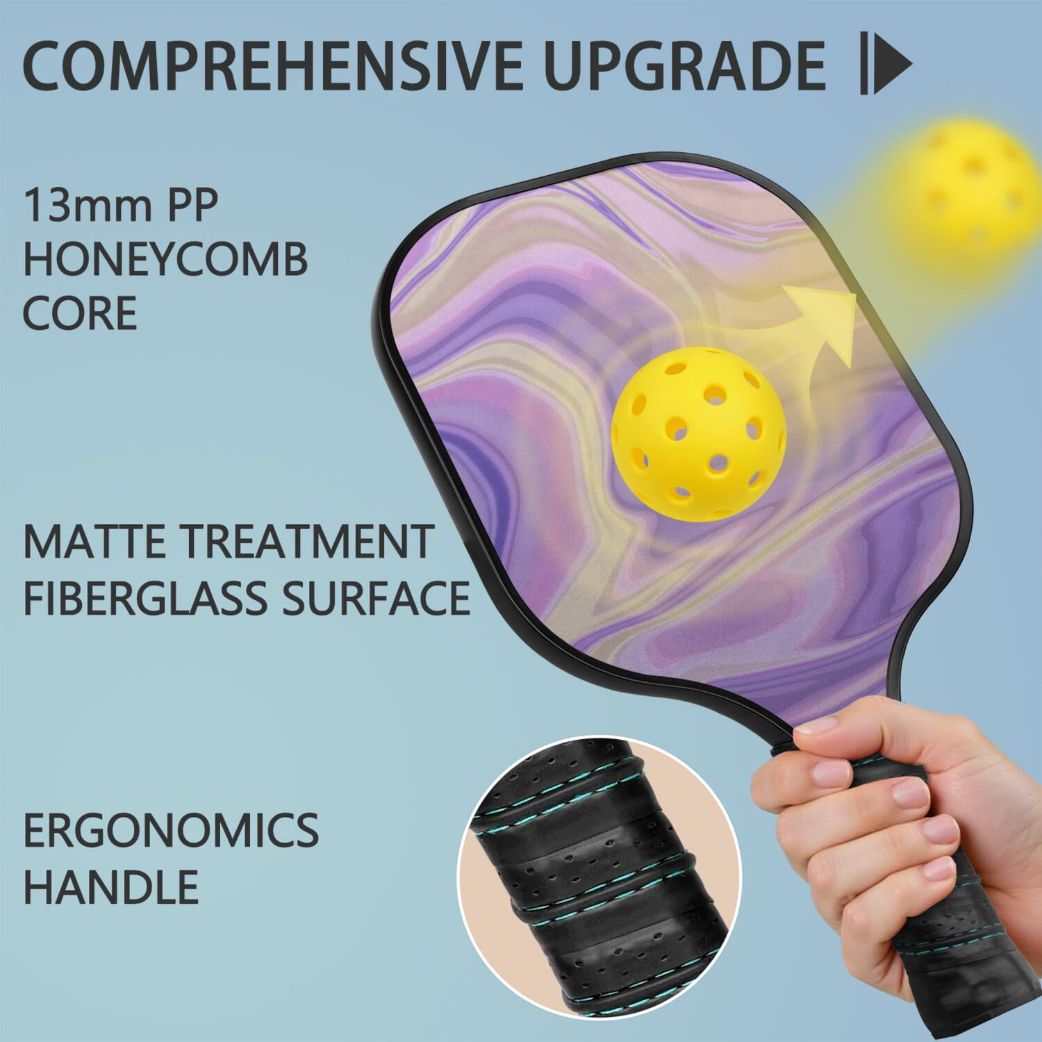Pickleball Paddles Set Of 2, Fiberglass Surface, Liquid & Marble Print, 4 Balls & Bag