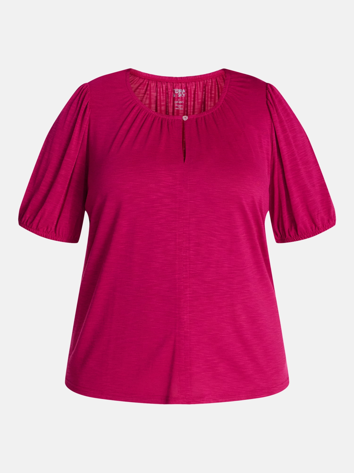 Terra & Sky Women's Plus Notch Neck Femme Puff Sleeve Top, Sizes 0X-5X