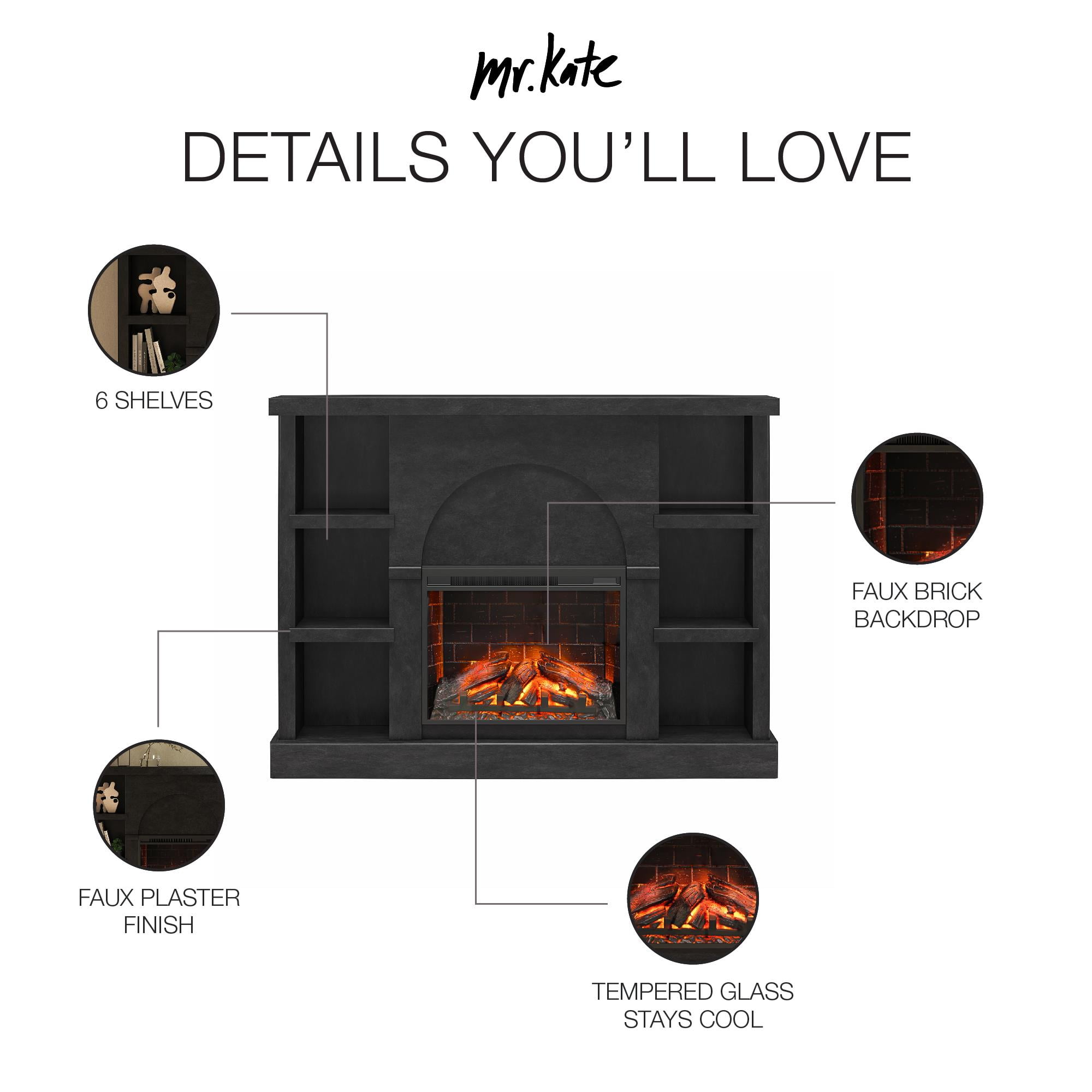 Mr. Kate Winston Fireplace Mantel with Built-in Bookshelves, Faux Black Plaster