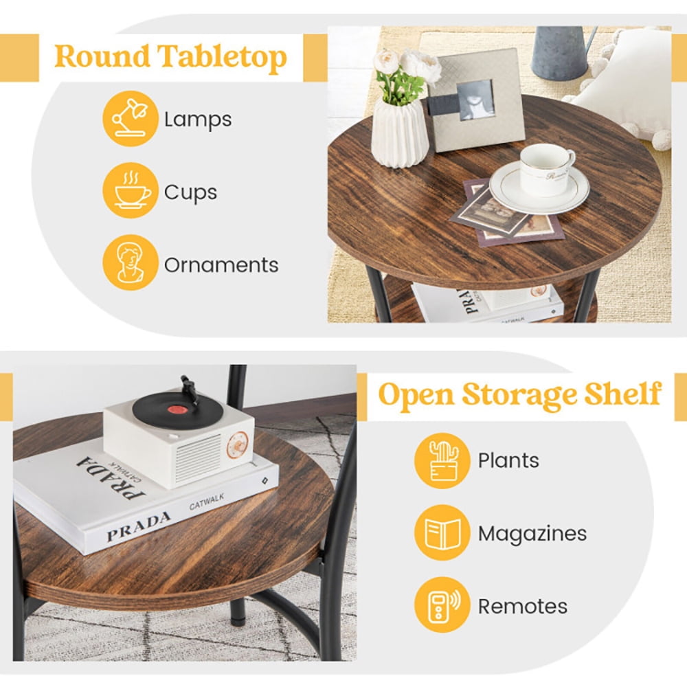 Finihen End Table, 2-Tier Round End Table with Open Storage Shelf and Sturdy Metal Frame, Sofa Side Table, Bed Side Table, for Living Room, Bedroom, Brown Finihen End Table, 2-Tier Round End Table with Open Storage Shelf and Sturdy Metal Frame, Sofa Side Table, Bed Side Table, for Living Room, Bedroom, Brown