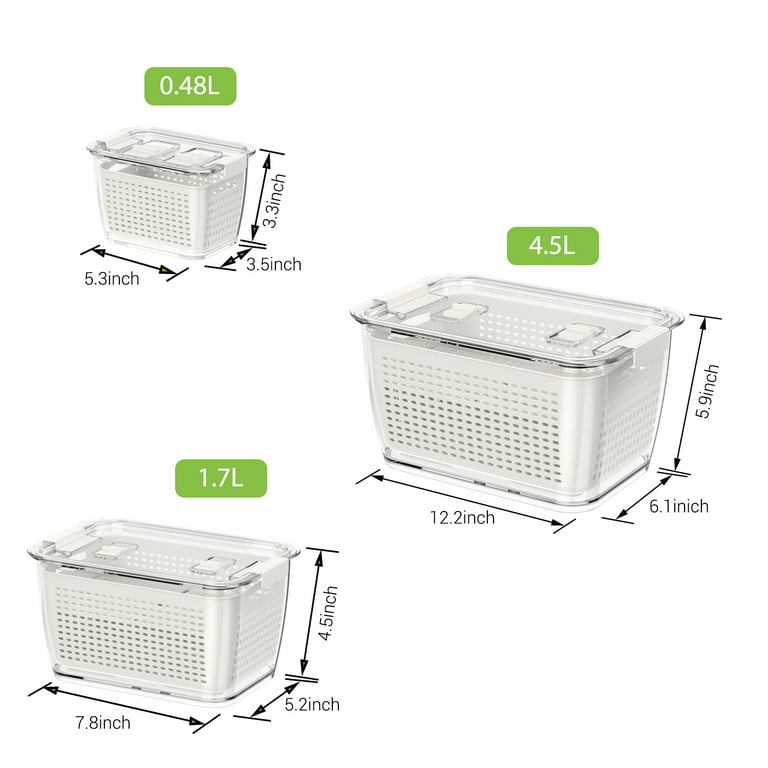 Fresh Container, Luxear 3 Pack Fruit Storage Container Partitioned Produce Container for Refrigerator White