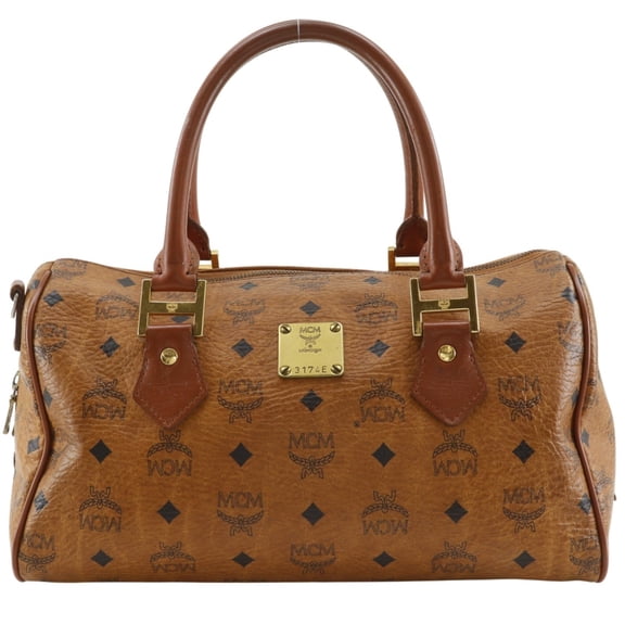 Pre-Owned MCM Mini Boston Handbag, Visetos Pattern, PVC, Brown, A5 Size, Zipper Closure, Unisex