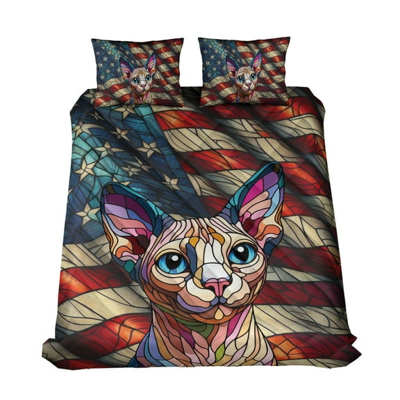 Patriotic Sphynx Stained Glass Portrait American Flag Quilt Bedding Set Cat Lover Kitten Owner Gifts Idea 1 Blanket Bed Cover 2 Pillowcases - 01010