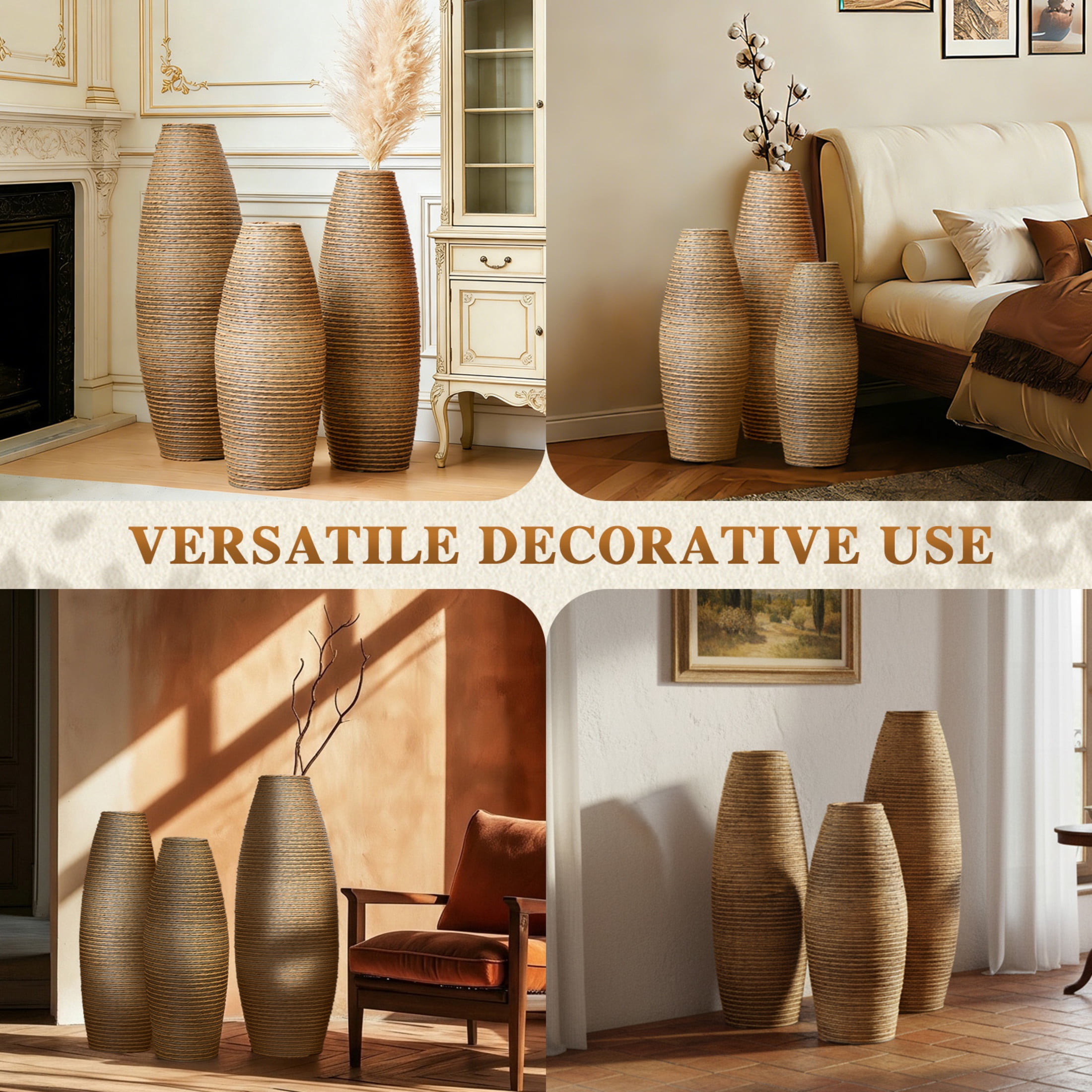 Noble House 19.69", 23.2", 27.56" PVC Floor Vase Set of 3, Handcrafted Rattan-Like, Beige Brown