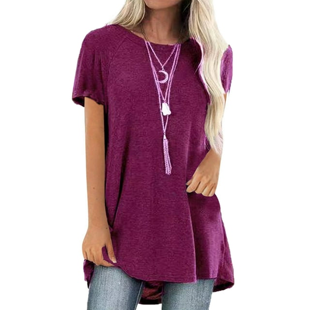 MAWCLOS T-Shirt Col Rond Tops Manches Courtes Tee Shirt Tunique Été Blouse Couleur Unie Vin Rouge S