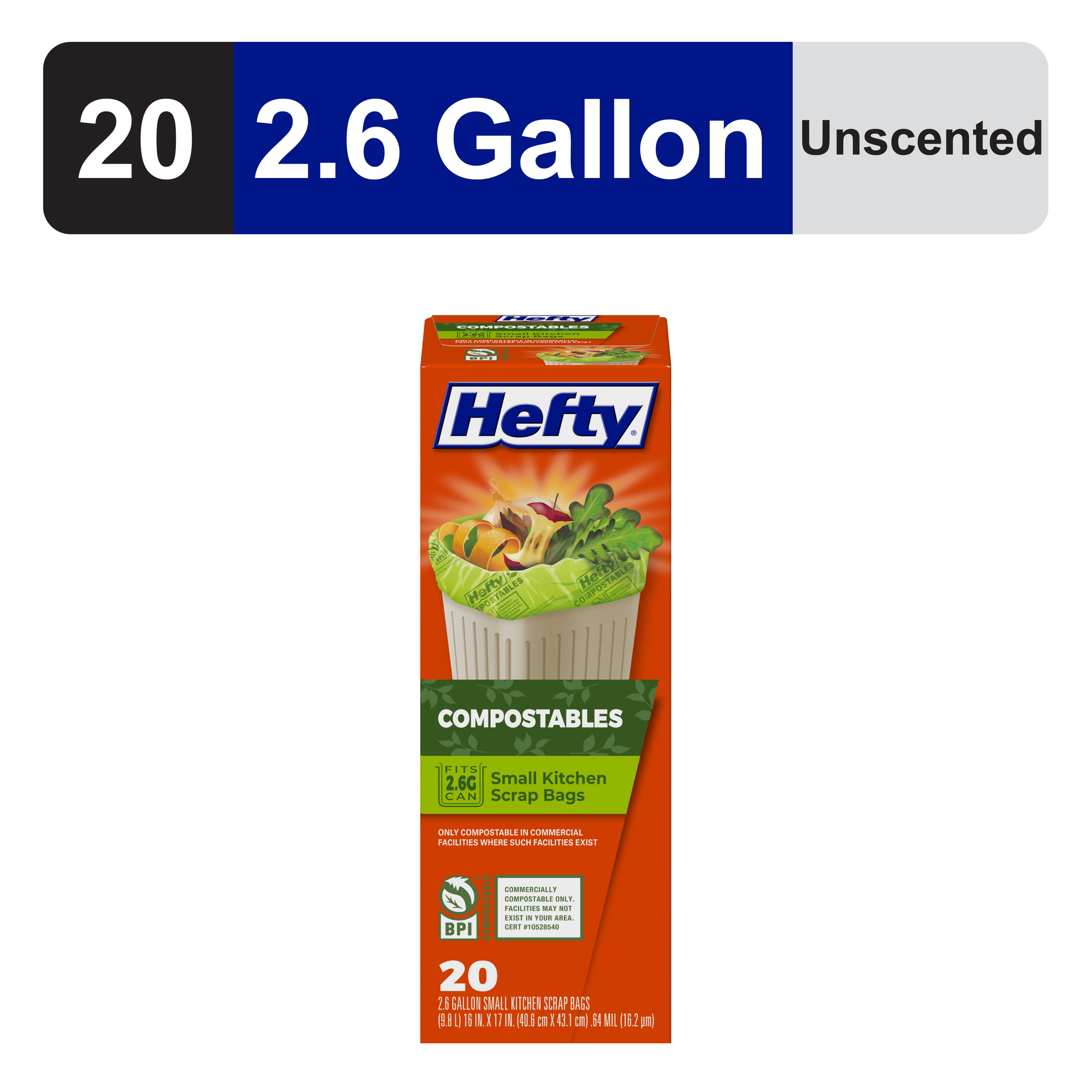 (3 pack) Hefty Compostable Kitchen Scrap Trash Bags, 2.6 Gallon, 20 Bags