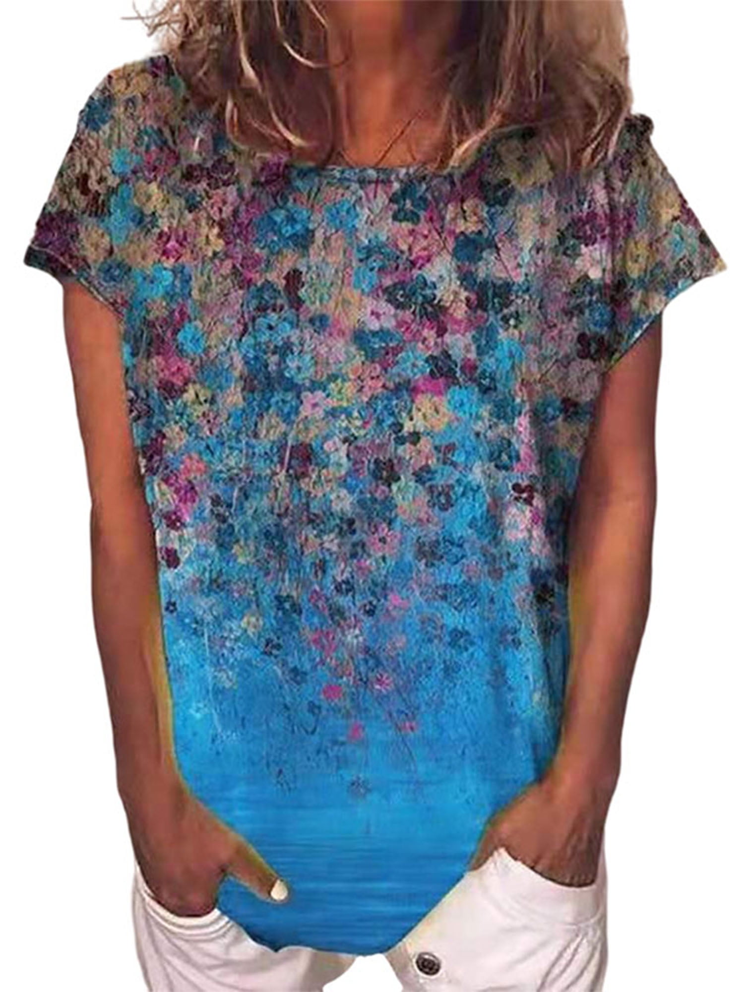 Summer Womens Ladies Casual Tops Blouse Short Sleeve Crew Neck Floral T-Shirt US