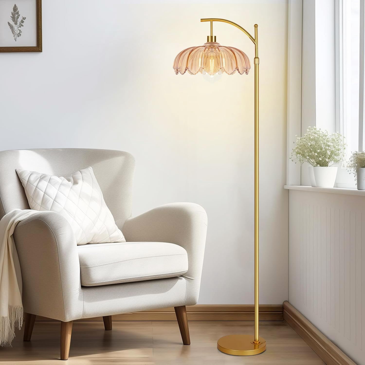 Vintage Floor Lamps For Living Room Glass Lamp With Remote Control & 3 Color Temperature Dimmable Mid Century Modern Standing Brass Tall Bedroom Corner