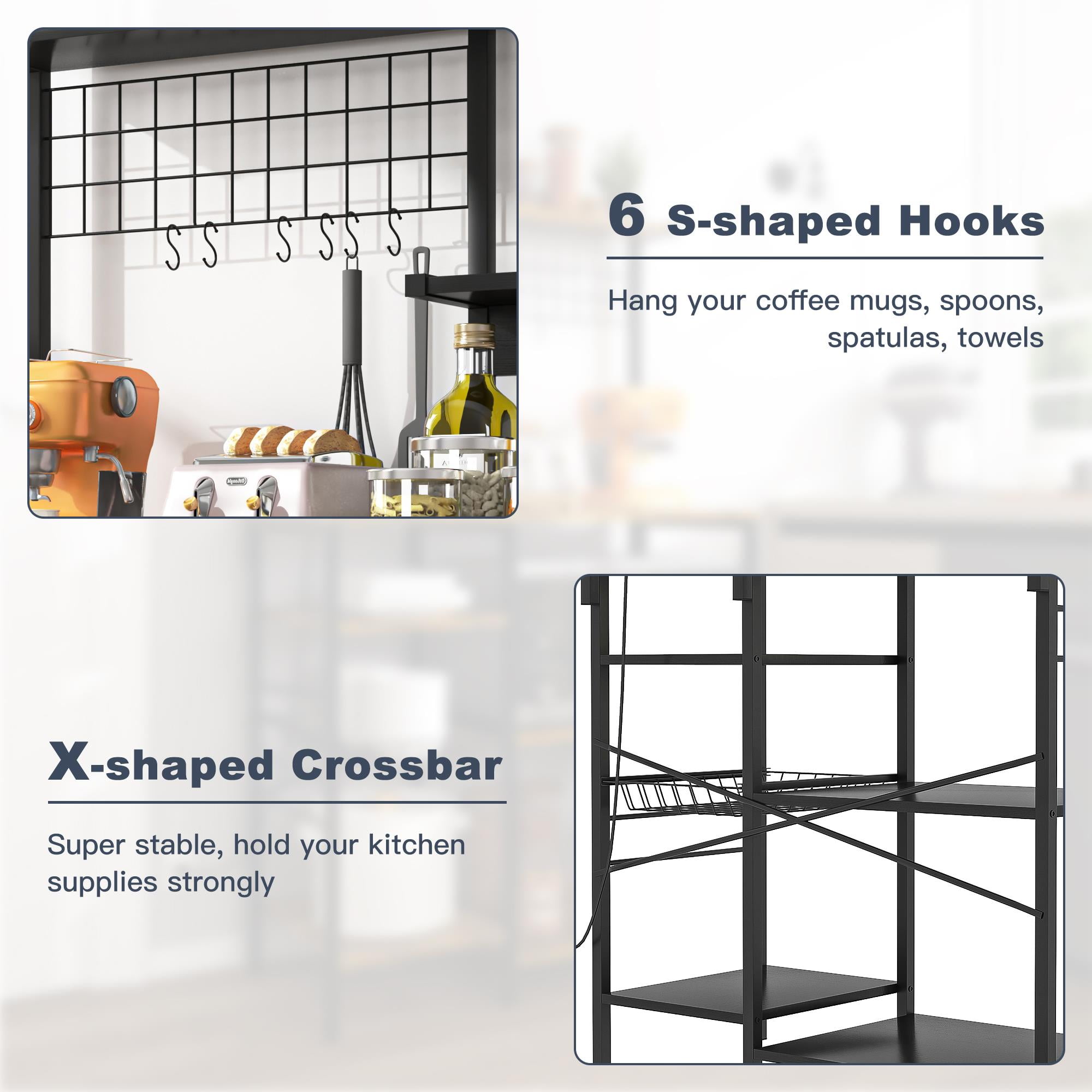 Finihen Large Bakers Rack with Power Outlets, 6-Tier Microwave Stand, Coffee Bar with 8 S-Shaped Hooks, Kitchen Shelf with Wire Basket, Black Finihen Large Bakers Rack with Power Outlets, 6-Tier Microwave Stand, Coffee Bar with 8 S-Shaped Hooks, Kitchen Shelf with Wire Basket, Black