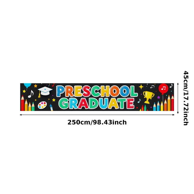 Colorful Preschool Graduation Banner with Grad Cap Pencil Balloon Music Note Elements Backdrop Decoration for Preschool Graduation Party Photography Props Celebration Decorations