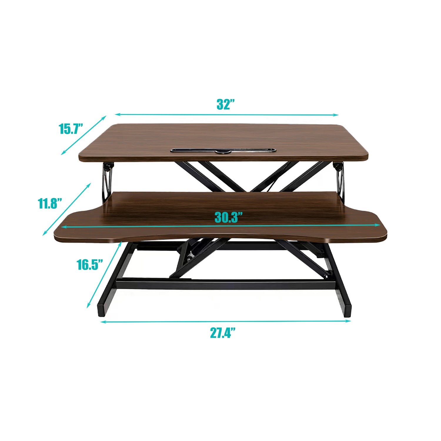 32 Inch Desk Converter, Height Adjustable Sit to Stand Riser, Dual Monitor and Laptop Workstation with Wide Keyboard Tray, Walnut Color