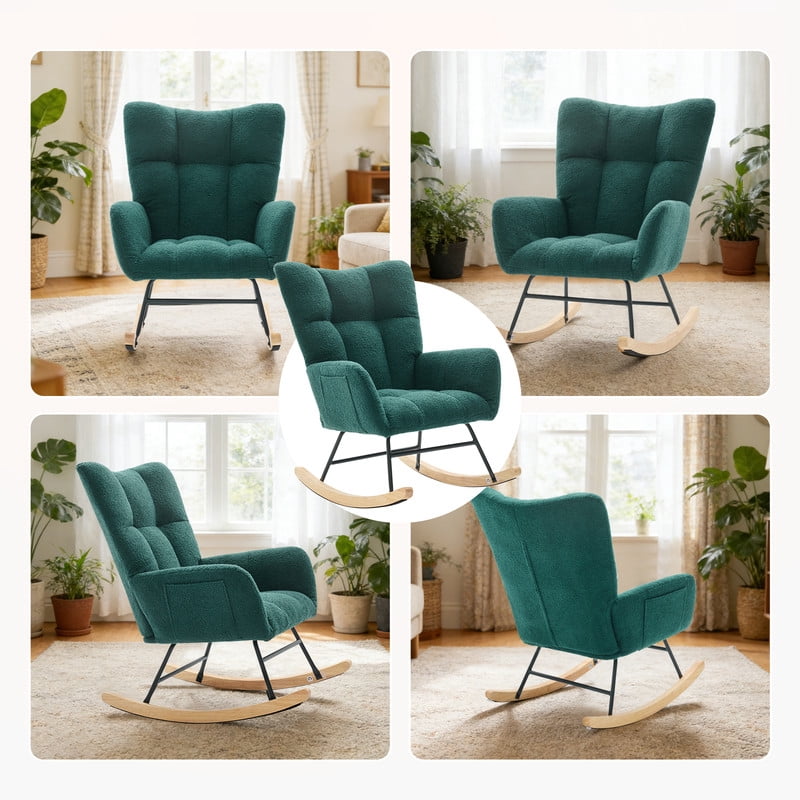 Gianna Rocking Chair with High Backrest, Teddy Upholstered Indoor Reading Glider Chair with Comfy Seat for Bedroom, Living Room, Green