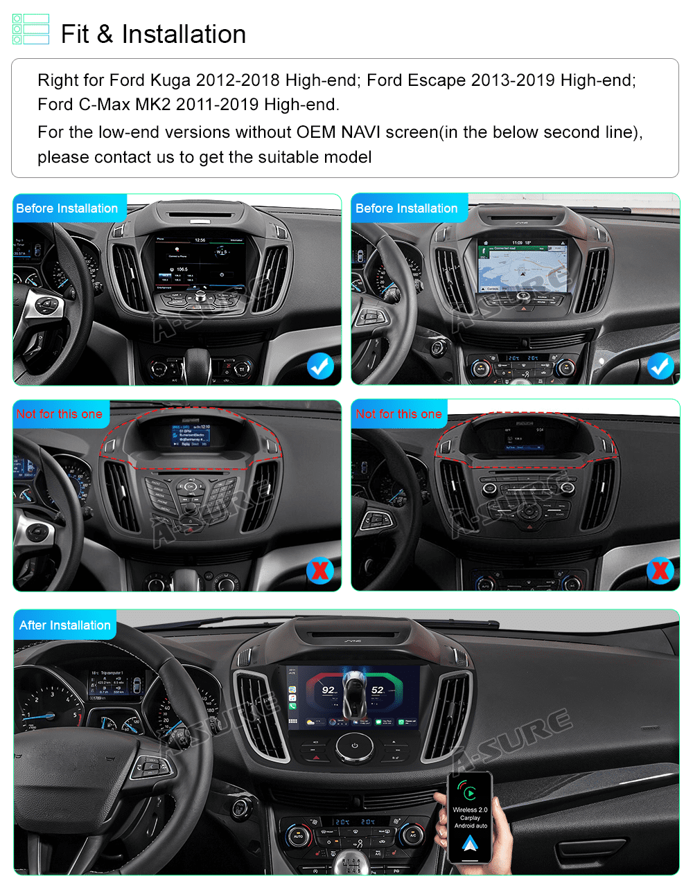 Tablette tactile Android 12.0 + Apple Carplay Ford Kuga de 2013 à 2019