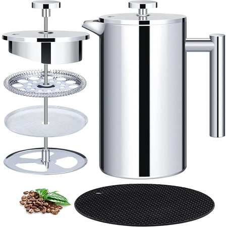 

French Press Coffee Maker Stainless Steel 34oz Double-Wall Metal Insulated Coffee Press &Tea Brewer Easy Clean with 4 Level Filtration System(304Stainless Steel)