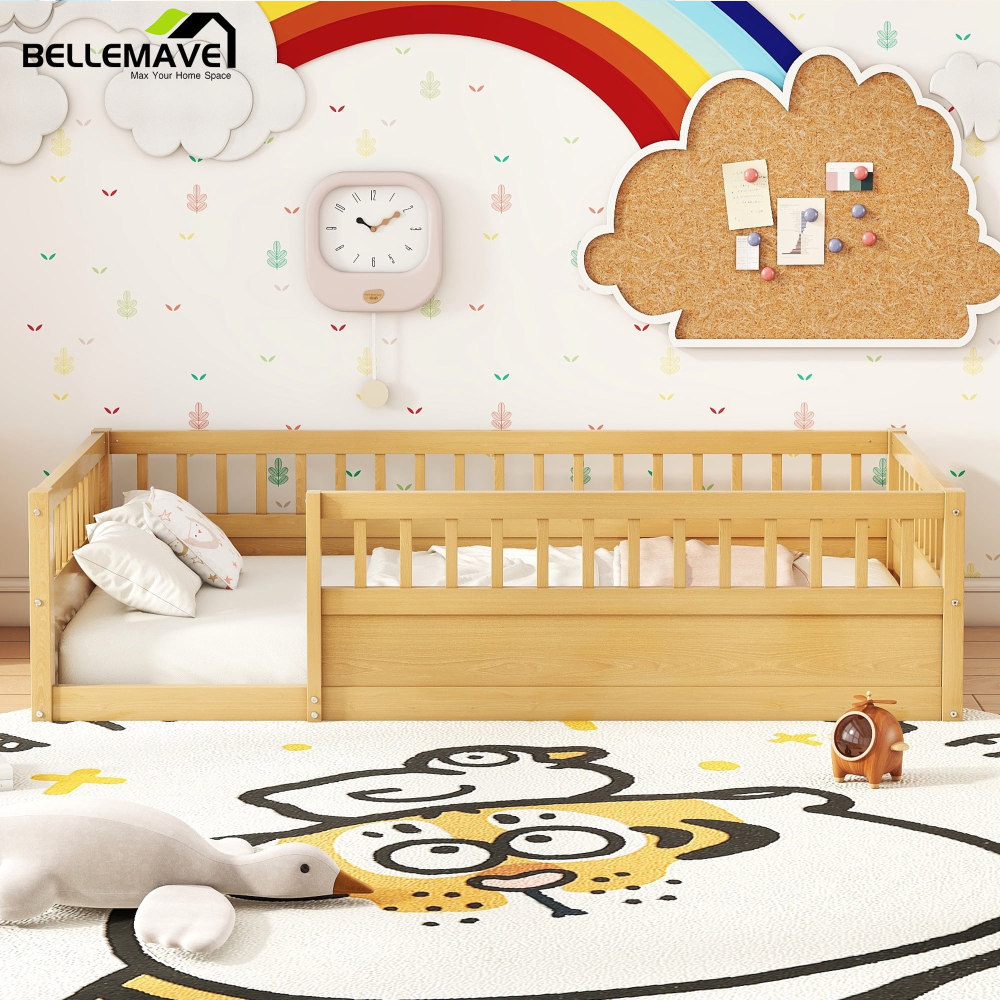 Bellemave Twin Size Floor Bed with High Fence Guardrails  Floor Bed without Door and Slats Twin Wooden Floor Bed Montessori Bed Frame (Twin, Natural, Without Door)