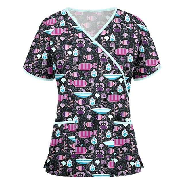 EGNMCR T-Shirts pour Femmes Femmes Manches Courtes Col en V Hauts Uniforme de Travail Blouse à Imprimé