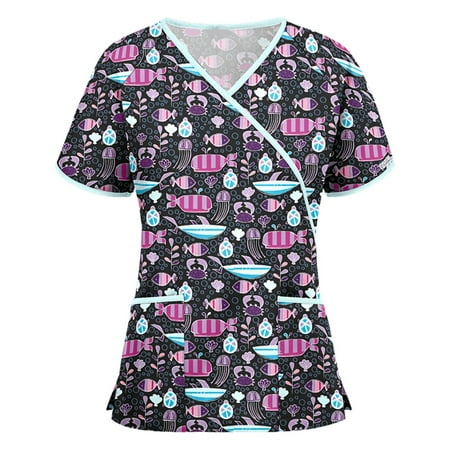 

Danhjin Womens Nursing Scrub Tops Printed Working Uniform Short Sleeve V-Neck Workwear Blouse T-shirt with Pockets Scrubs for Women Jogger Style - Summer Savings Clearance