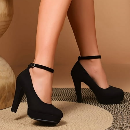 

Chic Sky-High Stiletto Platforms - Women s Super High Heels with Ankle Strap Sleek Black Block Design Versatile for Evening & Special Occasions