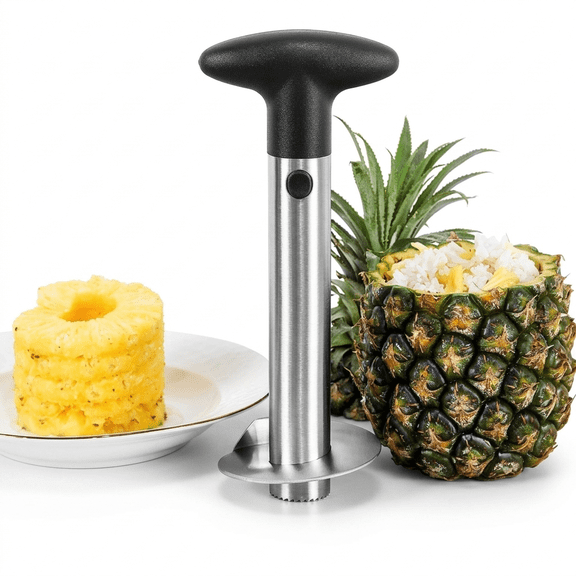 ROSEXIXI Pineapple Corer and Slicer, Stainless Steel Fruit Cutter with Black Handle, Serrated Blade Pineapple Peeler Tool for Fresh Fruit Ring Slicing, Home Kitchen Use