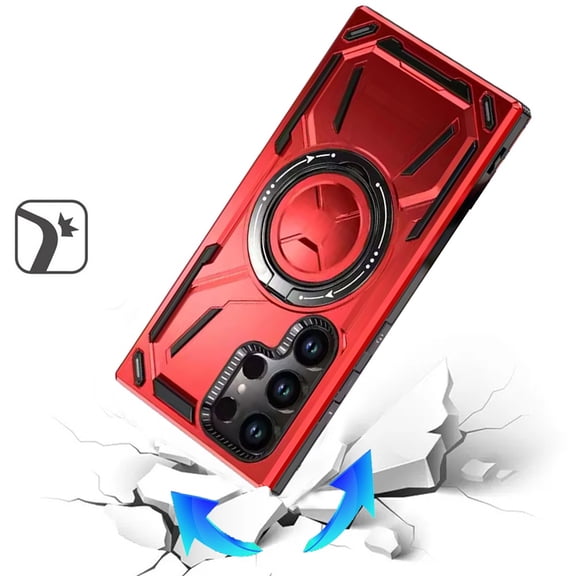 For Samsung Galaxy S25 Ultra Magnetic Ring Circle Stand Shockproof 360 Rotating Kickstand Hybrid Armor Anti Slip Protective Grip Frame Cover, XPM Phone Case [Red]