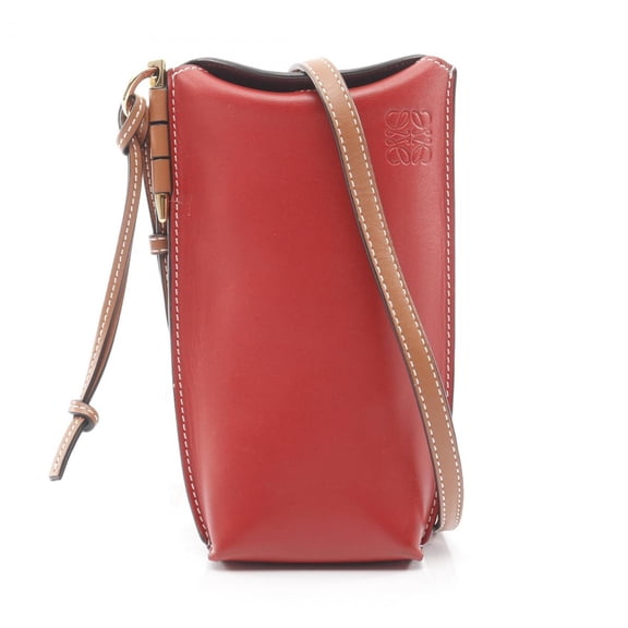 Pre-Owned LOEWE GATE POCKET Shoulder Bag, Leather, Women's, Red and Brown, 109.30.Z42 (Good)
