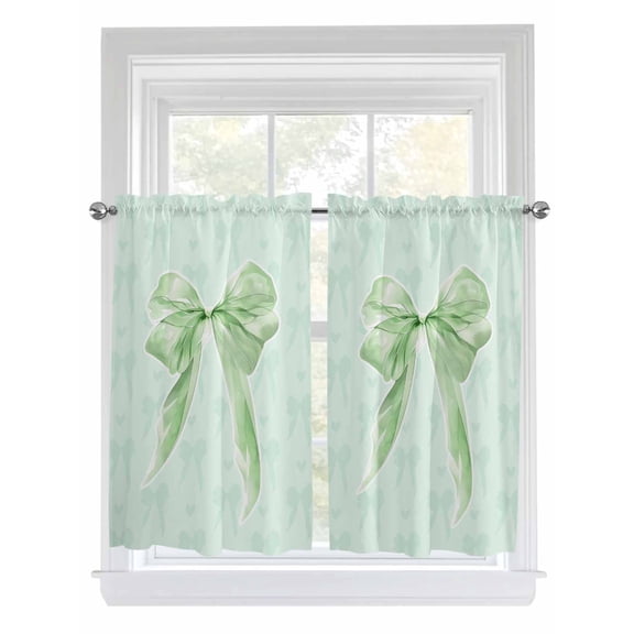 Green Bow Living Room Curtains 2 Panel, Cute Bowknot Minimalist Solid Color Cafe Window Treatment, Farmhouse Bedroom Bathroom Kitchen Curtains Drapes 104"x45"