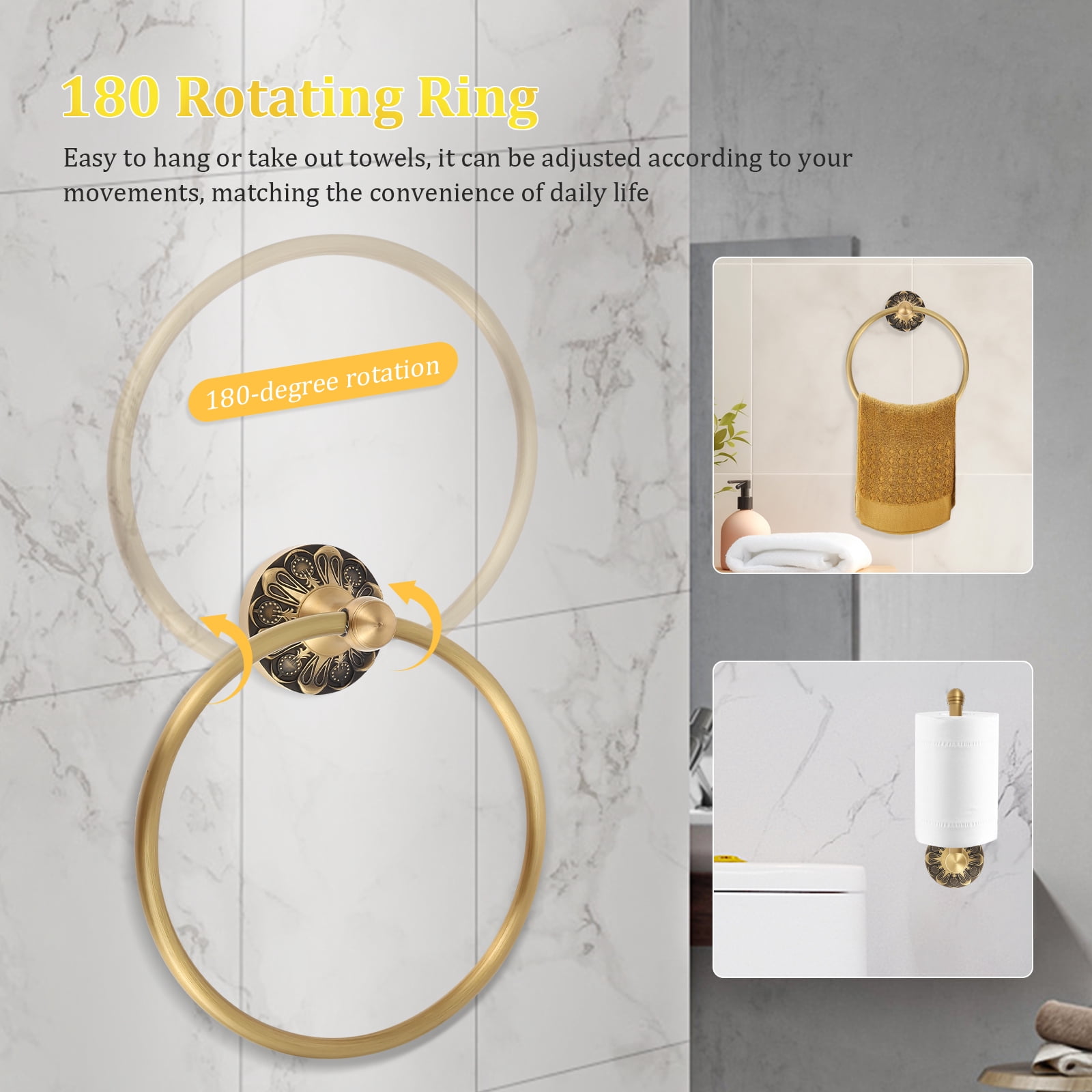 Ikoopy 2 Pieces Set Antique Brass Toilet Paper Holder Retro Brass Hand Towel Ring Tissue Roll Paper Hanger Bathroom Hardware Wall Mounted Vintage Bathroom Accessories