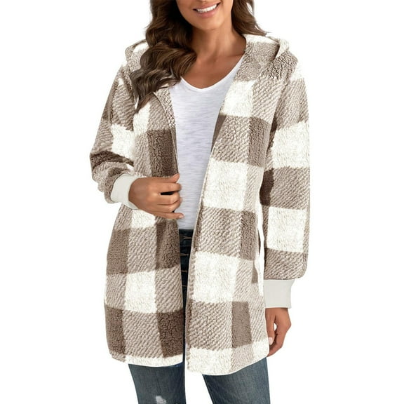 Dwralegc Jackets for Women Plaid Fleece Zipper Jacket Hooded Christmas Coats Casual Warm Winter Outerwear Sherpa Fuzzy Jackets with Pockets Clearance Khaki L