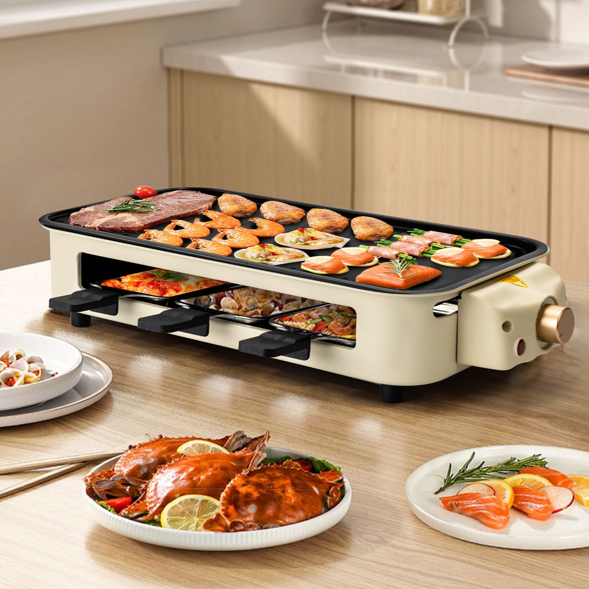 SUSLAS Electric Indoor Grill & Griddle, 1500W Smokeless Design with 3 Removable Nonstick Plates, Dishwasher Safe, Adjustable Temperature Control for Indoor Cooking(beige)