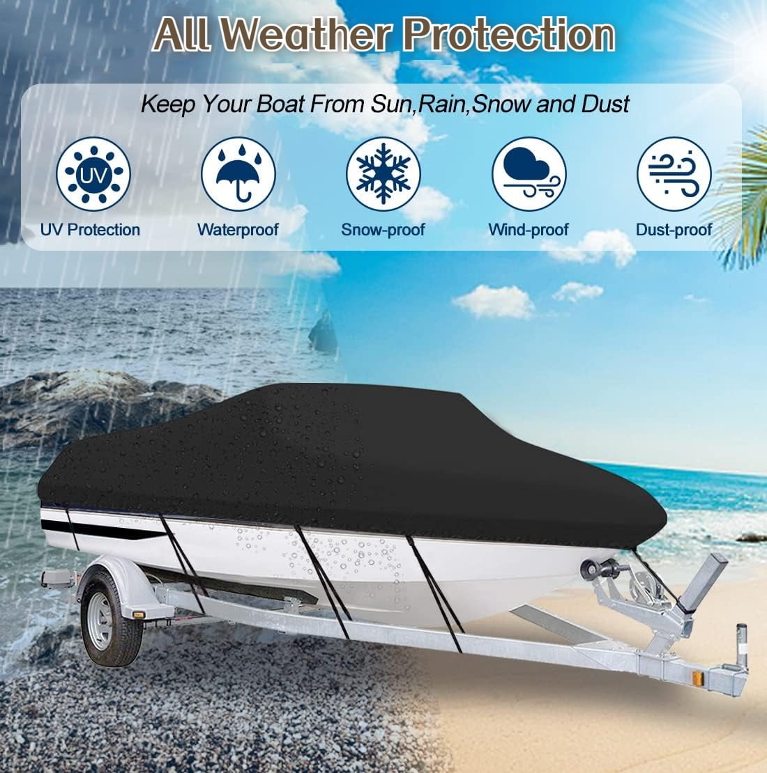 Waterproof Boat Cover, 17-19ft Trailerable Boat Cover, Heavy Duty 210D Oxford Mooring Cover for V-Hull Boat with 5 Straps,19.7 x 9.8 ft