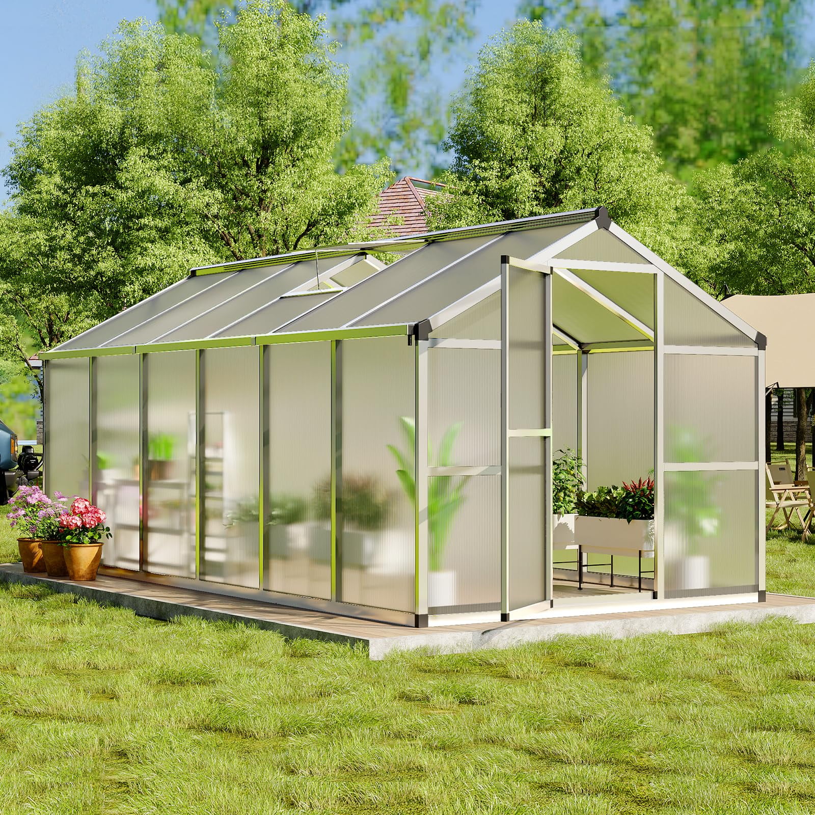 Greenhouse, 8x12 ft Greenhouse for Outdoors, Walk-in Green House with Ground Nails and Vent Windows, Sliding Lockable Door, Polycarbonate Green House for Outside Garden Backyard, Quick Setup, Silver