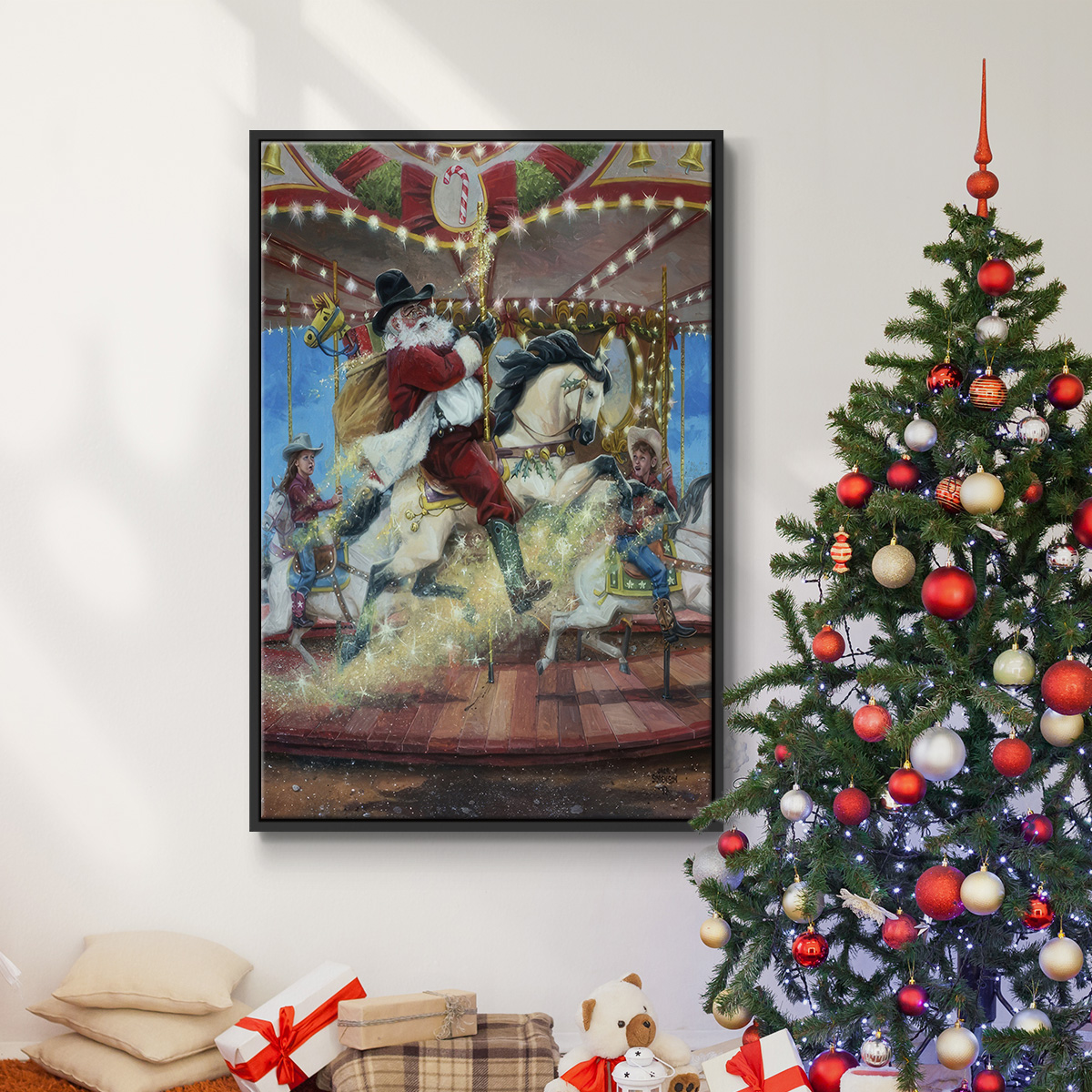 Merry Go Round - Framed Gallery Wrapped Holiday Canvas - 17 x 25 - Black Frame