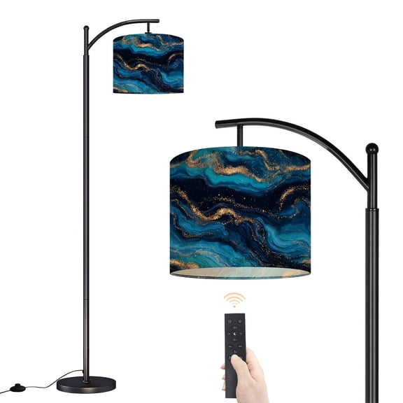 Arc Floor Lamp with Adjustable Lampshade Abstract Blue Gold Swirling Ocean Waves Sparkles Standing Lamp 3 Color Temperatures Dimmable Tall Pole Lamp with Foot Switch for Bedroom