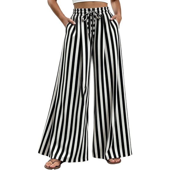 BODOAO Women's Striped Satin Palazzo Pants, Casual Summer High Waisted Wide Leg Trousers with Pockets, Silky Smooth Fabric, Flowy Draped Fit and Elastic Waist Black L