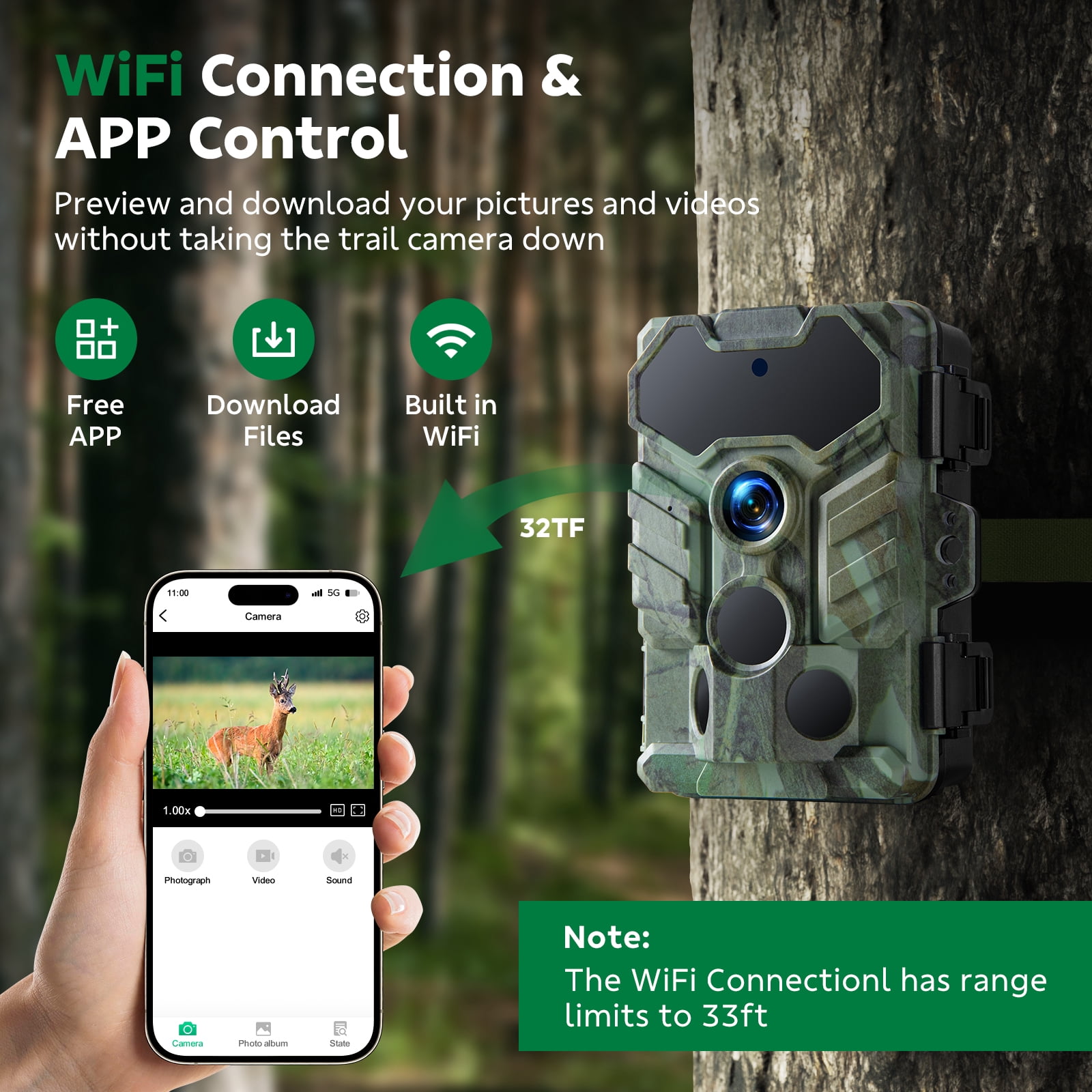 CAMPARK Trail Camera WiFi Bluetooth Game Deer Hunting Camera with Night Vision Waterproof IP66 0.1s Trigger Motion Activated Trail Cam 32MP 1080P 2.4" LCD Wildlife Camera
