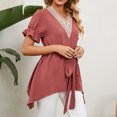 thumbnail image 2 of Blusa larga de lunares suizos Cintura con lazo Mangas con volantes Ribete de encaje Dobladillo curvo Blusa tipo túnica con cuello en V Top, 2 of 6