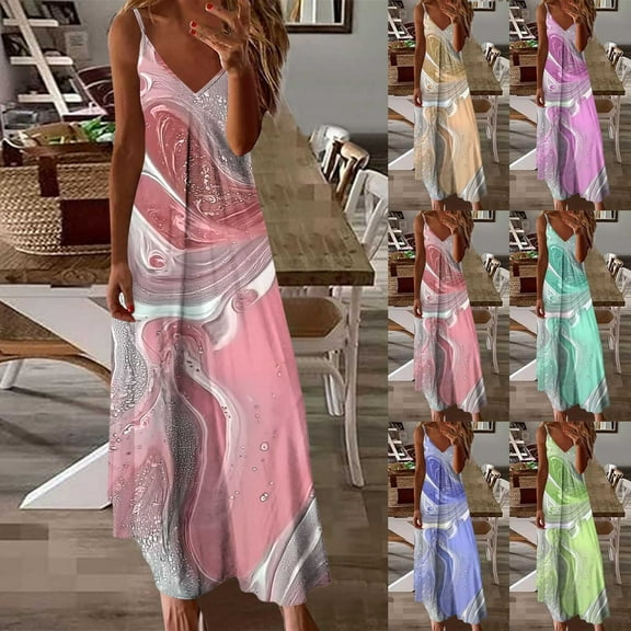 Dazajoo Summer Dresses for Women 2025 Vacation Casual Plus Size Maxi Dress Trendy Flowy Beach Long Spaghetti Strap Sundress,Hot Pink,XXL
