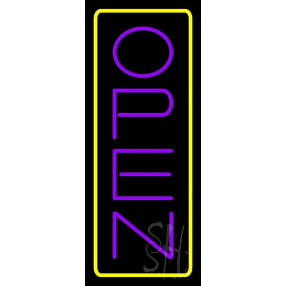 Open - Vertical Purple Letters with Yellow Border LED Neon Sign 24 x 10 - inches, Clear Edge Cut Acrylic Backing, with Dimmer - Bright and Premium built indoor LED Neon Sign for storefront.