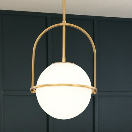 C Cattleya 1-Light Antique Brass Sphere Pendant Light with Opal Glass Shade
