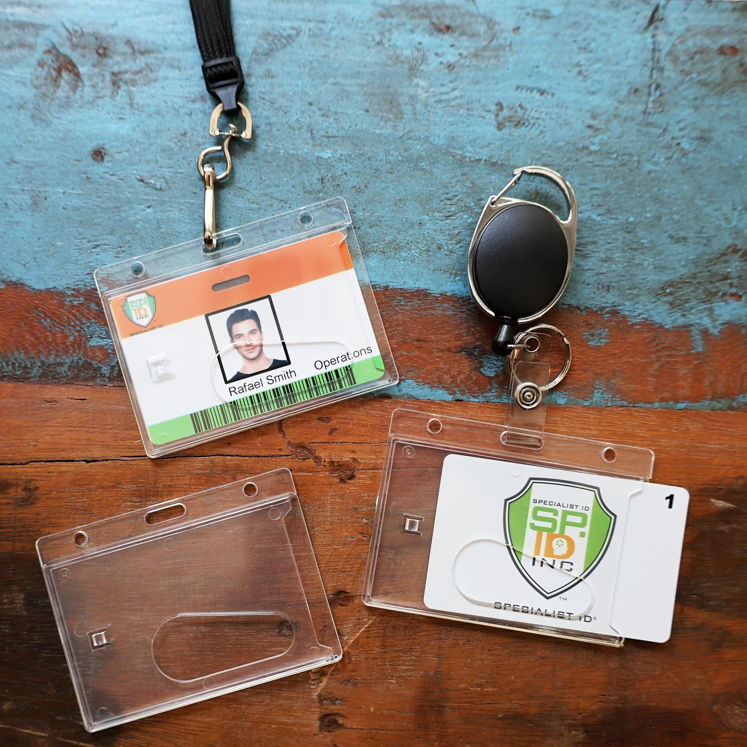 Bulk 50 Pack - Crystal Clear Heavy Duty Badge Holder Horizontal - Hard Plastic ID Badge Holder - Rigid Durable Single Card ID Case for 1 Single Landscape I'D Fits Your Lanyard by Specialist ID