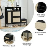 Boho Rattan Shoe Cabinet with Bench - Black
