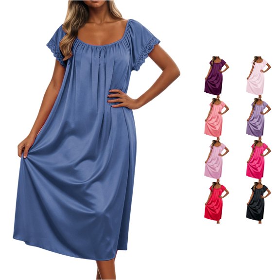 LIIPEE Womens Summer Nightgown Casual Short Sleeve Lace Sleep Dress Ladies Cozy Sleepwear