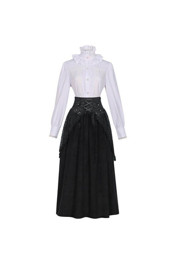 Women's Lace Covered Velvet Lace Mesh High Waisted Shirt Lapel Ruffled Long Sleeve Halloween Dress Button Down Pleated Fashion Shirt