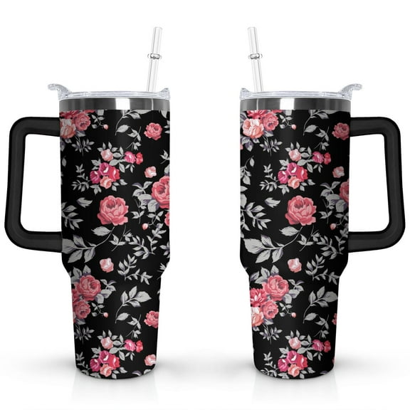 40oz Pioneer Tumbler with Handle Lid and Straw,Bohemian Style Colorful Floral Tumblers Gifts for Women Girls Men Adults（Black）