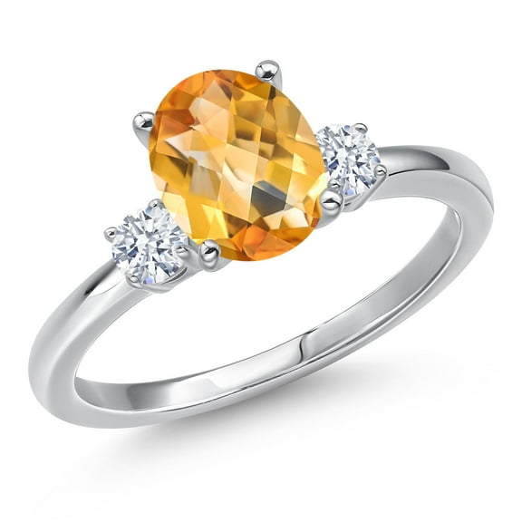 Gem Stone King 14K White Gold Yellow Citrine and White Zirconia Engagement Ring for Women | 1.87 Cttw | Oval Checkerboard 9X7MM | Gemstone November Birthstone | Size 6